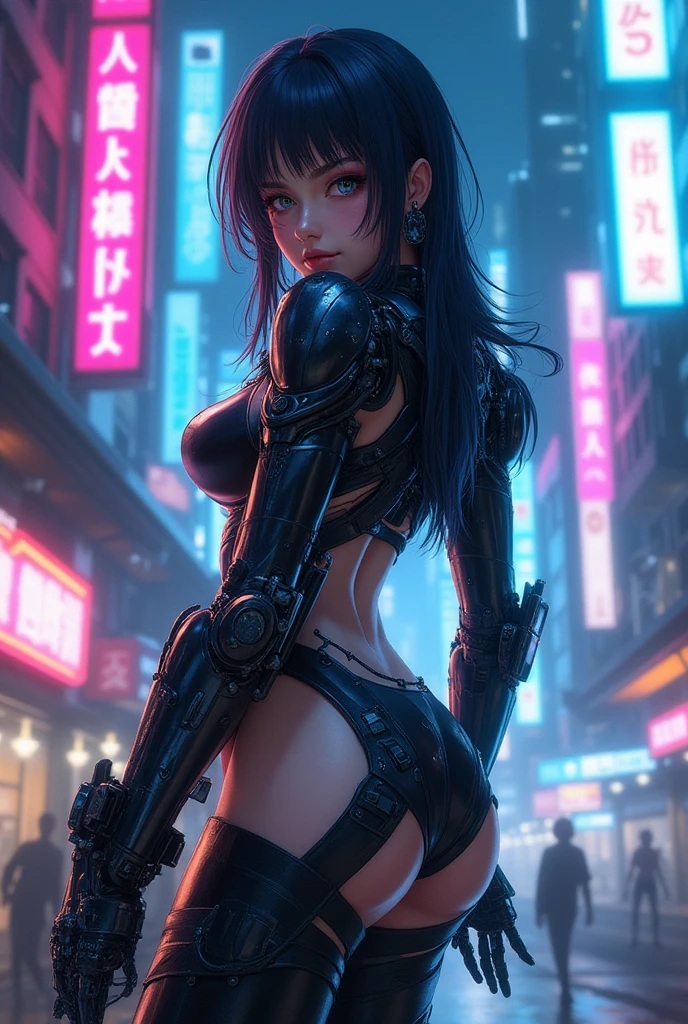 Showing ass to camera, Beautiful Alluring Cyberpunk Samurai, pele nua, Well-toned athletic body, forma elegante, cabelo laranja, pele nua, Fora no Neon Palace, mal vestido, Beautiful Face, Smaurai-inspired bikini armor, seios grandes, mechanical members, Robotic parts on display, pele cromada, shiny neon pieces, japanese theme, tema cyberpunk, fiverr dnd personagem, Octane rendering, arte digital, Detalhe extremo, 4k, Ultra HD |, polido, Beautiful, hiperdetalhado, intrincado, elaborar, meticuloso, foto realista, sharp focus, WLOP, design de personagens, Motor irreal, Volumetric lighting, reflections, glossy, digital illustration, lascivo, nu, Visible, detailed perfect hands