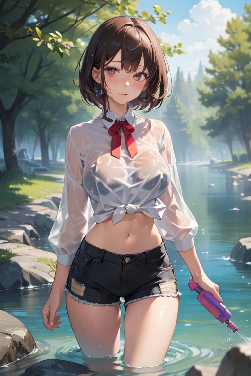 anime、girl、Wet Uniform、The bra is see-through、The shape of the crotch is protruding
