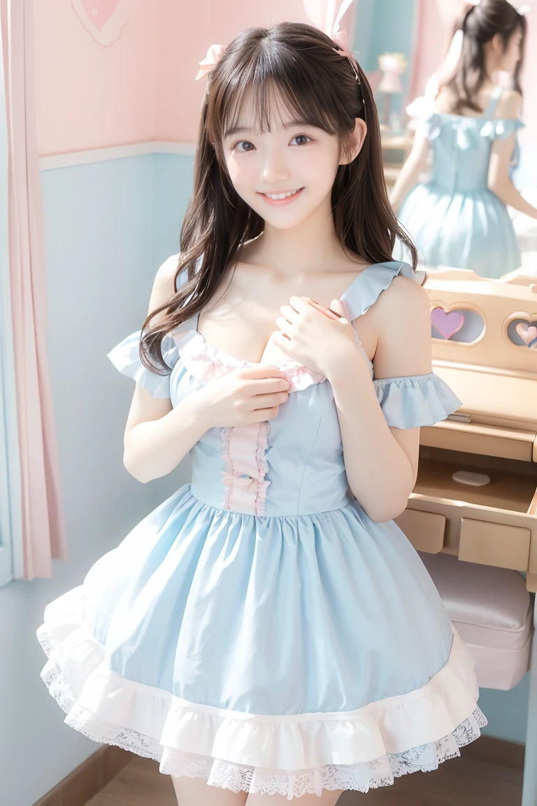 (Highest quality、masterpiece、8k、Best image quality、Hyperrealism、Award-winning works)、One Lolita girl、(alone:1.1)、(1 photo:1.1)、(Cute and girly light pink ruffled open chest lolita dress:1.2)、Girly lace decoration、Cute frilly decoration、Cute wavy hair、(Low length:1.1)、(height: 140cm:1.1)、(Big Breasts:1.3)、(Cleavage:1.3)、(Cute heart ornament:1.1)、Lots of cute frills、Big pretty ribbon、Accentuate your body lines、Slender body、(Intricate Lolita room background with lots of pastel colored furniture:1.1)、(Light blue and light pink lolita dream room:1.1)、(Lots of cute pastel-colored furniture:1.2)、(A cute light blue chest of drawers:1.2)、(Cute light blue desk:1.2)、(Cute light pink dressing table:1.3)、(Lots of cute furniture, Perfectly organized:1.1)、(Cute girly curtains in pastel colors:1.1)、(very bright and vivid:1.1)、(Beautiful walls with cute decorations in pastel colors:1.1)、Blurred Background、Standing gracefully in the center of the room、(Accurate anatomy:1.1)、Perfect Makeup、Long eyelashes、Glossy Lips、Ultra HD glossy skin、(Ultra-high resolution, bright and beautiful skin:1.2)、超高精細のGlossy Lips、Ultra-high resolution beautiful teeth、(Voluptuous body:1.1)、Cute heart symbol、wide々Stylish Lolita Room、(Rose vase:1.1)、(Light pours in through the beautifully decorated windows.:1.1)