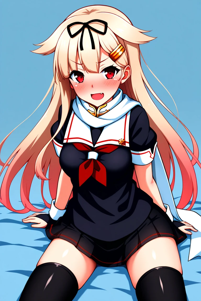 shimakaze_Fleet Collection、Anime Style、girl、cute、13Year、blonde、Long Hair、mini skirt、Mini Sailor、Belly button、Red striped knee socks、String Panties