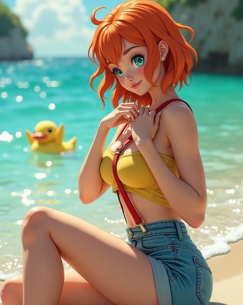 misty from pokemon, short orange hair, yellow tank top, short shorts, penis sticking out through zipper, on a rock at the beach, nsfw