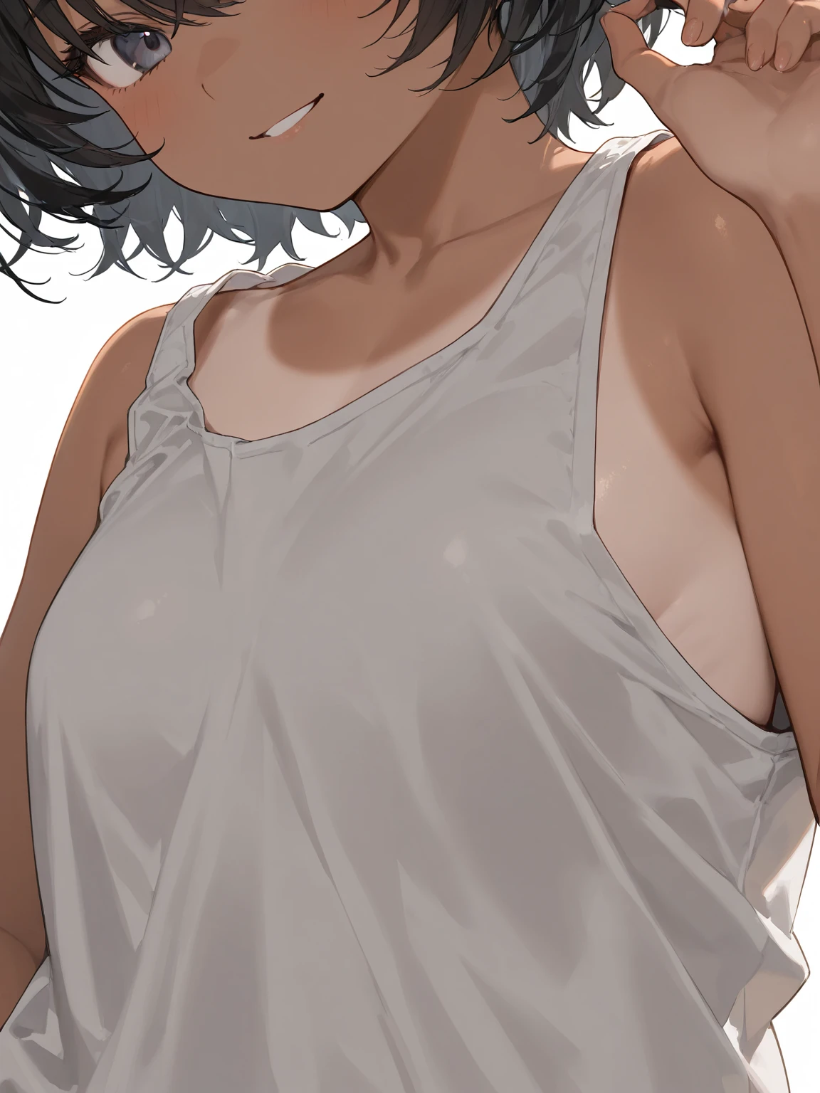 1 girl, breasts, camisole, armpits, sweat, face hidden, breast close-up