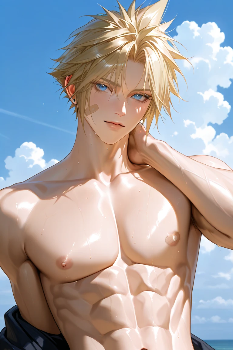 The young boy was naked, showing off his bottom, which had a large erect penis with white juice squirting from it. beach location A handsome boy with white skin, blond hair, blue eyes, very big eggs.