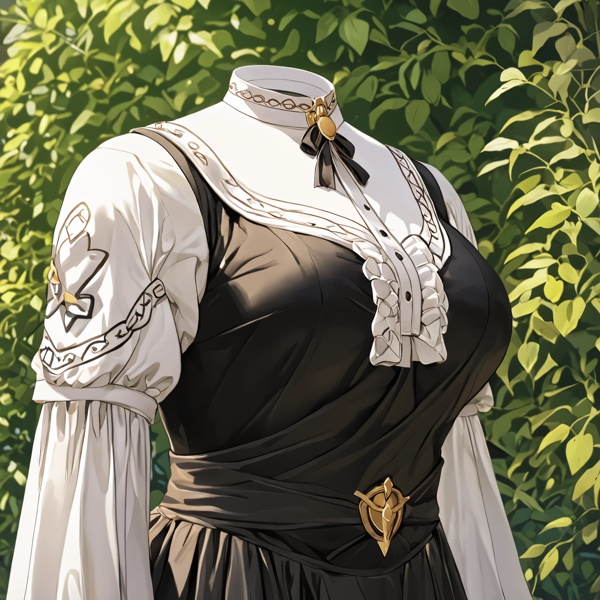 Hilda Valentine Goneril, white blouse, black skirt, Garreg Mach uniform, masterpiece, in garden, (invisible:1.5, no humans:1.5, headless:1.5, faceless:1.5), cute big breasts, detailed cloth texture, extremely details, close-up to breasts