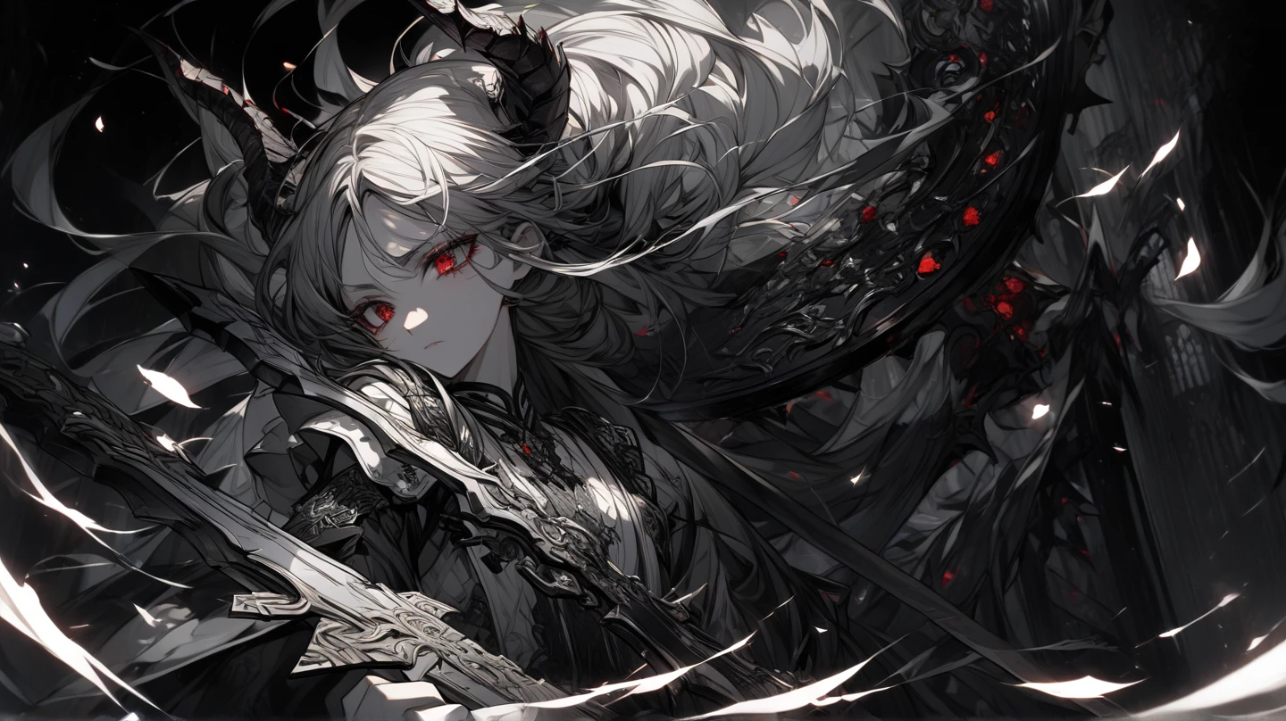 white hair mixed with black, long but somewhat short hair, demon slayer oni hunter outfit mixed with a suit, blue eyes with a dull look, combining female and male gender, blood wings