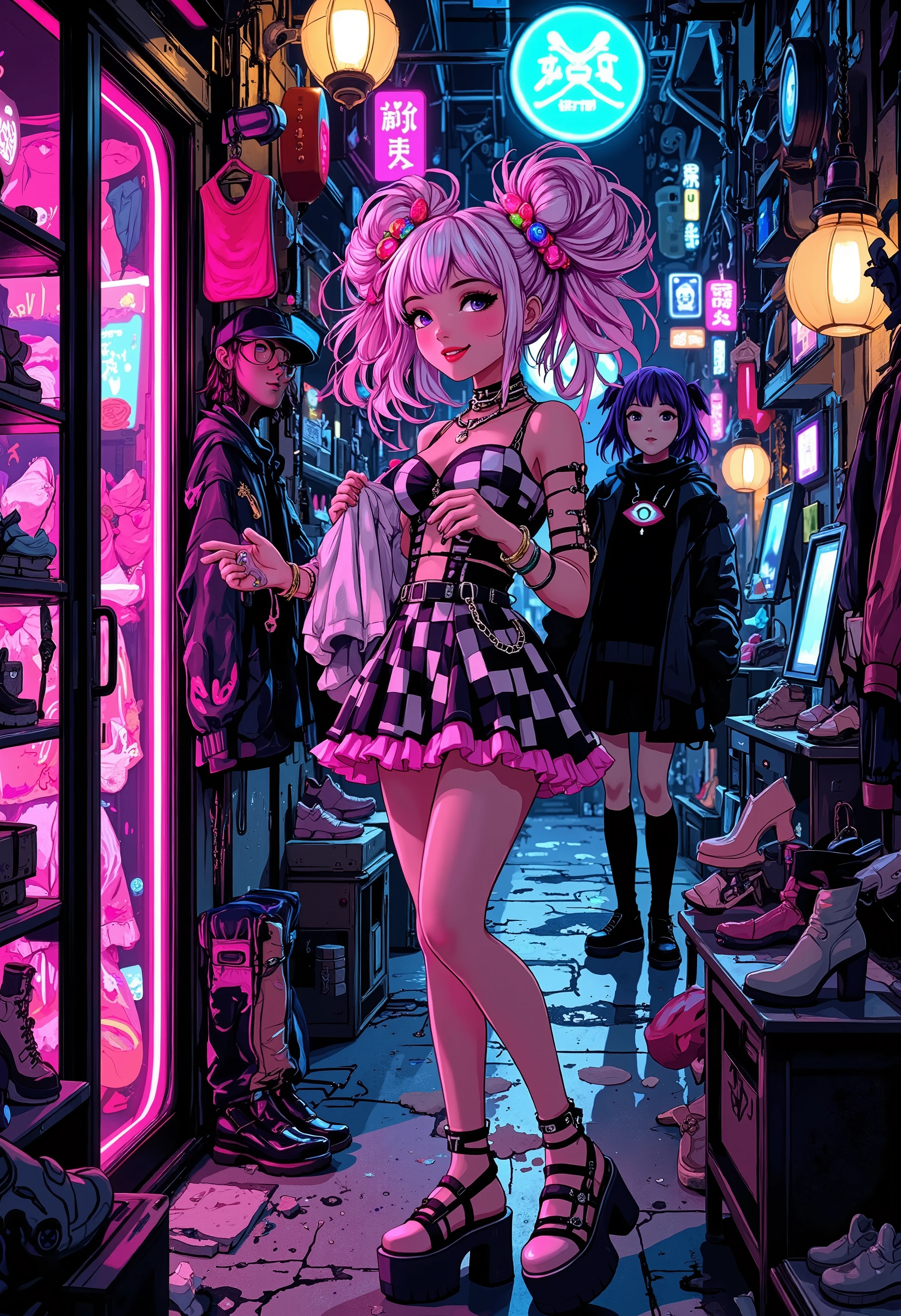 A bright, very young, laughing girl in the Gyaru-Harajuku style stands in the semi-darkness of an atmospheric vintage store, flooded with neon pink light from the window. She has just tried on an extravagant look: a form-fitting top with pearl ruffles, a checkered miniskirt with chains and massive platforms with fur trim.Hair: platinum with pink streaks, gathered in high buns with sticking pins
.Makeup: radiant skin, pink blush, shiny holographic shadows, false eyelashes.Nails: long, with a rainbow gradient and 3D rhinestones.Accessories: a necklace with an eye pendant, bracelets, restraints, a ring in the shape of a snake.In her hands she holds another dress — black and pink in the style of Gothic ta, studded with rhinestones. The store's interior resembles a wonder shop: Ceiling-high shelves with hangers, where crinolines, studded leather jackets and vintage sweaters with anime prints hang.Showcases with extravagant shoes: 15 cm platforms, clog boots, shoes with catheads. Mirrors in carved frames that reflect neon signs from the street.A counter with accessories: heart-shaped glasses, studded collars, fingerless gloves.In the background is a mysterious salesman with purple dreadlocks and visored glasses, who is watching the heroine. A light vignette effect around the edges to emphasize the mystery.High detail (even the threads on the ruffles and specks of dust in the air are visible).Image Style:a mix of realism and illustrative style, imitation of hand-made art, sketching, ink style, drawing