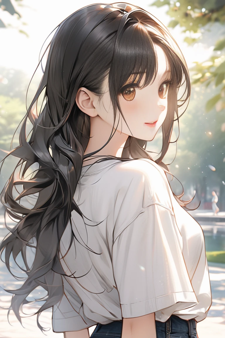 look back、Upper Body, Realistic, real person, (pale skin: 1.2), RAW photo, photorealistic, shiny skin, shiny hair、(A 25-year-old woman with medium-length hair and bangs) and (wavy hair) and (brown hair) and (orange eyes) , (white) and (off shoulder blouse) 、(blush:1.5), smile, Background is white、Alone、Are standing