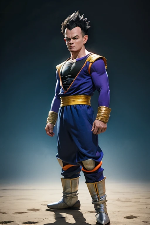zarbon, male focus, 1boy, solo, light blue cape, blue skin, green hair, upper body, smile, single braid, purple detached sleeves, saiyan armor, blue briefs,muscular male, brown shoes, yellow eyes,earrings,circlet, rocky grassfields, blue sky, cloud, blue thighhighs, ( best quality, masterpiece) .