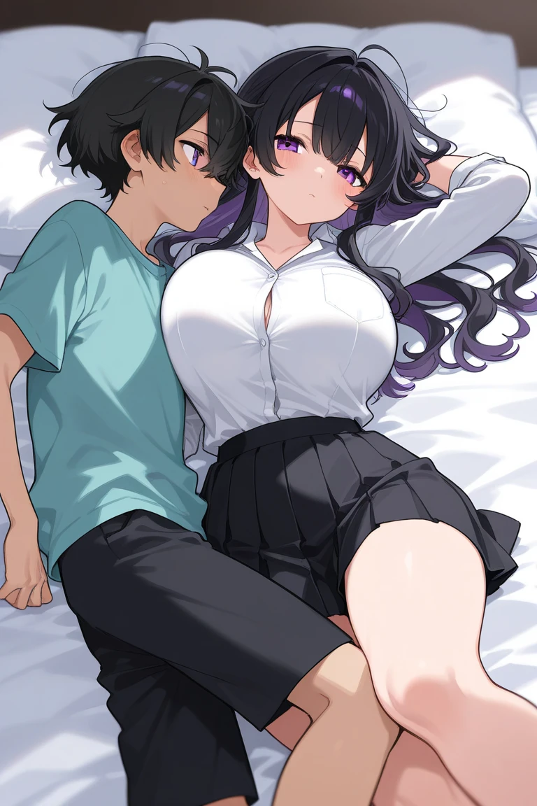 (((White Background))),(((high quality, High resolution,))),Young men and women,Japanese women,14-year-old face,iris,Brown eyes,iris,Black Hair,bangs,Long hair down the back,,Straight hair,Soft lips,Fat muscle,(Big Breasts),plump belly,buttocks a little bigger,barefoot,Standard height,((Black camisole)),((Pink shorts)),((On the bed)),((suit dawn)),((reading a paperback book)),(((grabbing breasts from behind))),(Man in T-shirt and shorts),