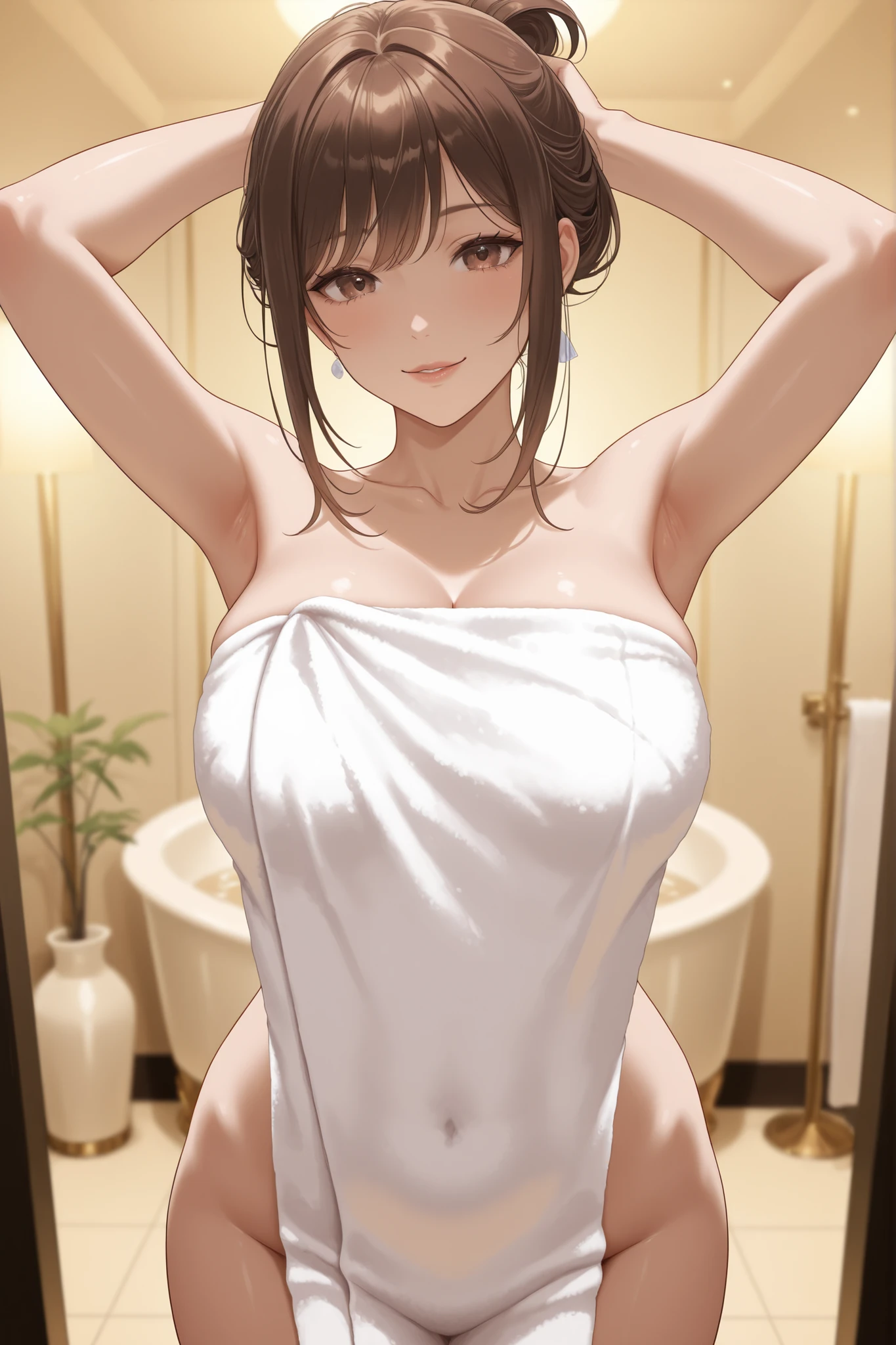 Japanese woman with medium brown hair wrapped around her body with a large bath towel、Luxury Resort Hotel、sensual look、sexy pose