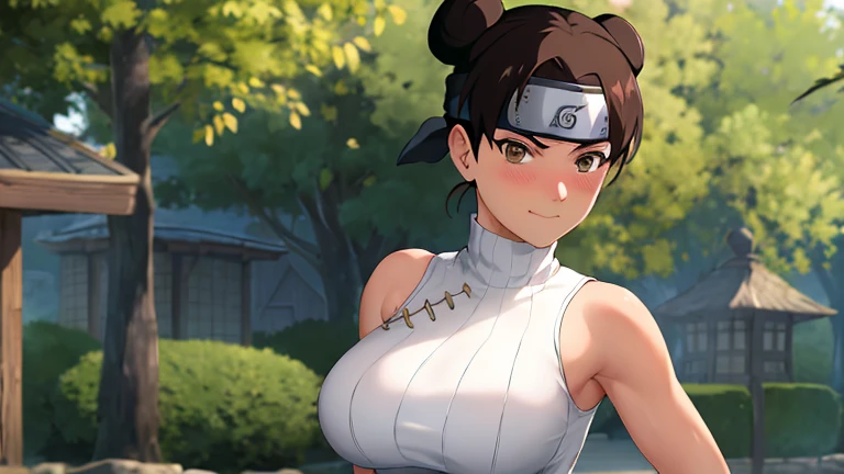 A beautiful female ninja with large breasts and hips is doing yoga, sweating profusely, and her top is becoming transparent, revealing her chest.