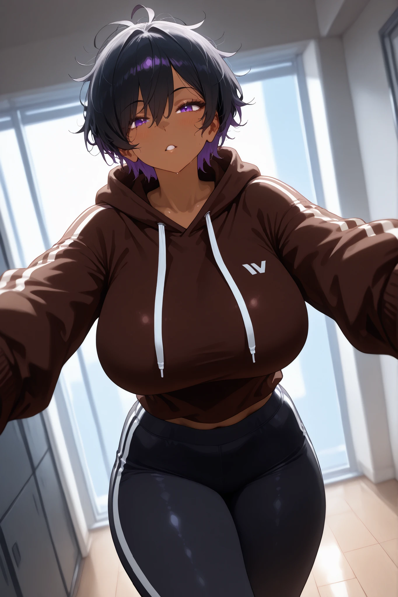 Solo, woman, short hair, messy hair, black hair, big breasts, brown skin, purple eyes, hoodie, sports pants, baggy pants, pov, looking viewer, AV