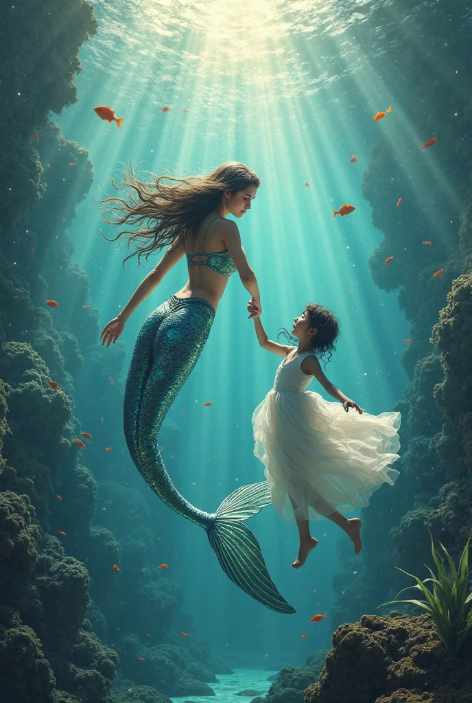 A child going towards a mermaid in a river