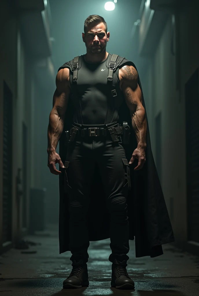 Wolverine character, with ripped black suit uniform, coming out of a church, Further away from camera image with as much detail and high definition as possible, HD, Realistic. Black color shaded screen background with white.