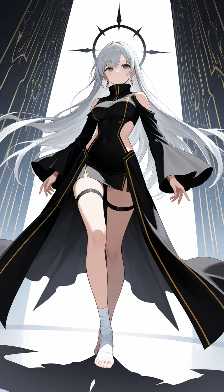 Cover magazine, anime. A young woman with long white hair and blue eyes. Wearing all black clothes. Wearing a long black robe and a hood covering her head. A mysterious impression. She was smiling brightly.