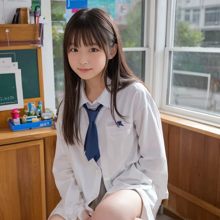 Best-quality, Masterpiece, Ultra-High-Resolution, (Photorealistic:1.4), Raw-Photo, from below, 1girl, solo, 15-years-old, the most popular Japanese idol, wearing only Japanese high-school uniform with long-sleeves, ((at Japanese high-school hall-way, on all fours)), innocent-smile, (extremely cute face like the most famous Japanese idol, (extremely cute big-black-eyes), extremely cute hairstyle, extremely beautiful and extremely realistic skins), extremely cute lips, extremely cute eyelashes, upturned ass, extremely beautiful thighs, extremely beautiful legs