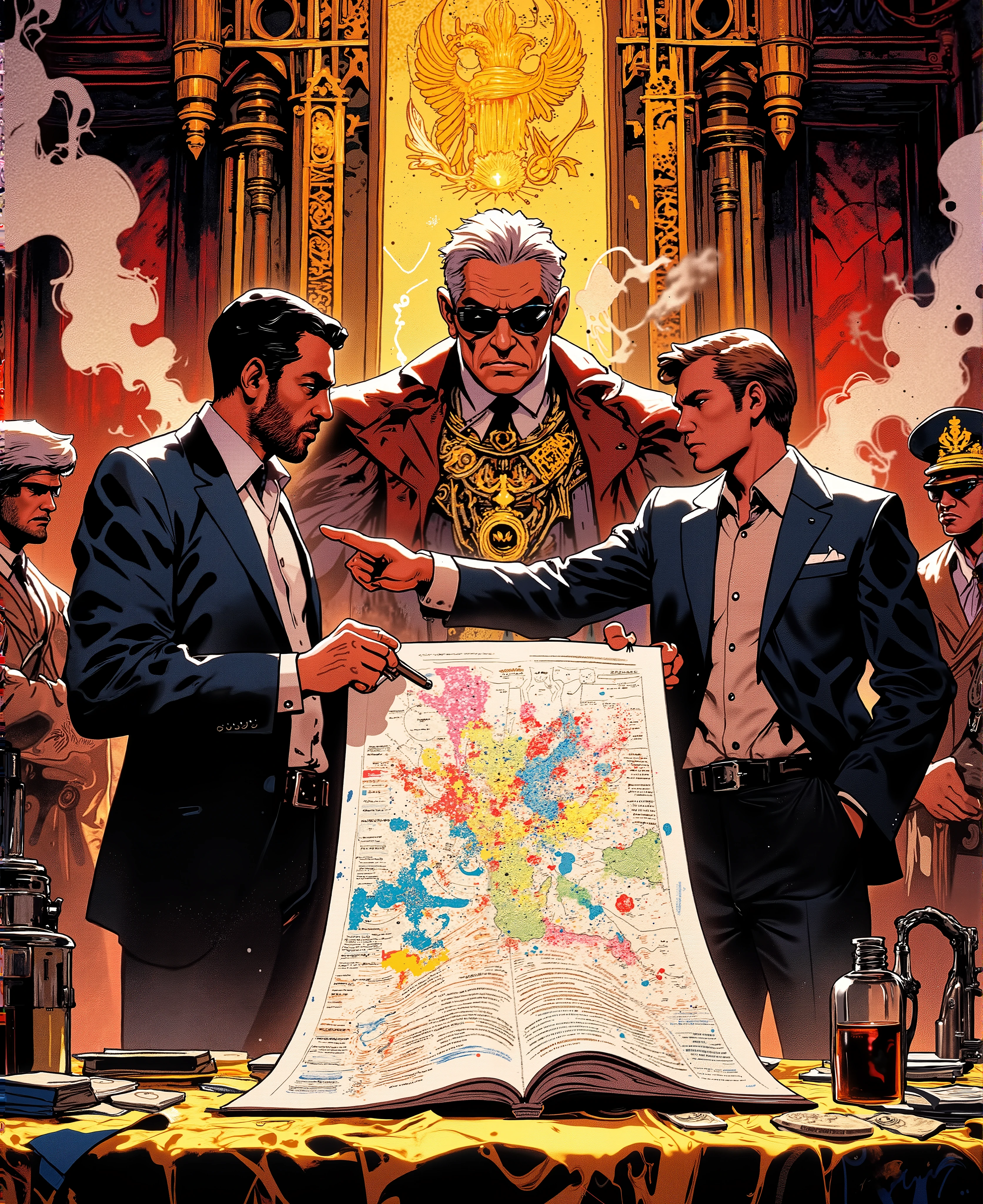 Two men in suits nervously presenting a business plan to a dangerous-looking cartel boss inside a luxurious but gritty cartel hideout. One of the guys is standing and pointing at a board with a colorful, ridiculous startup diagram. The other standing beside him looks confident but clueless. The cartel boss sits at the head of a large ornate table, surrounded by armed guards holding rifles. He wears gold chains, sunglasses, and smokes a cigar, with smoke swirling dramatically around him. Behind him are piles of money, weapons, and cartel insignia on the walls. Style is semi-realistic comic book art with high detail, dynamic lighting, and cinematic composition. Emphasize tension and absurdity in the scene. side angle shot from low. capture the entire scene and the intensity.