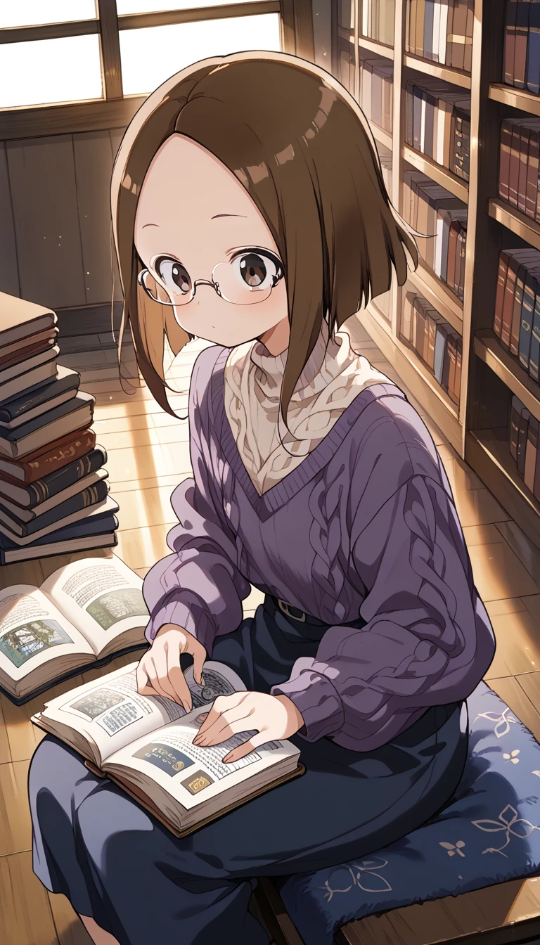 perfect face, perfect hands. A brown haired young witch with copper eyes in a navy is reading in the library with an eager smile
