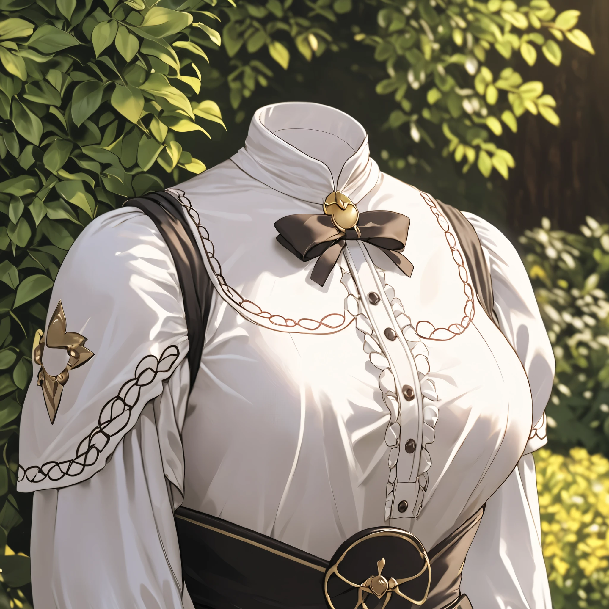 Hilda Valentine Goneril, white blouse, black skirt, Garreg Mach uniform, masterpiece, in garden, (invisible:1.5, no humans:1.5, headless:1.5, faceless:1.5), cute big breasts, detailed cloth texture, extremely details, close-up to breasts