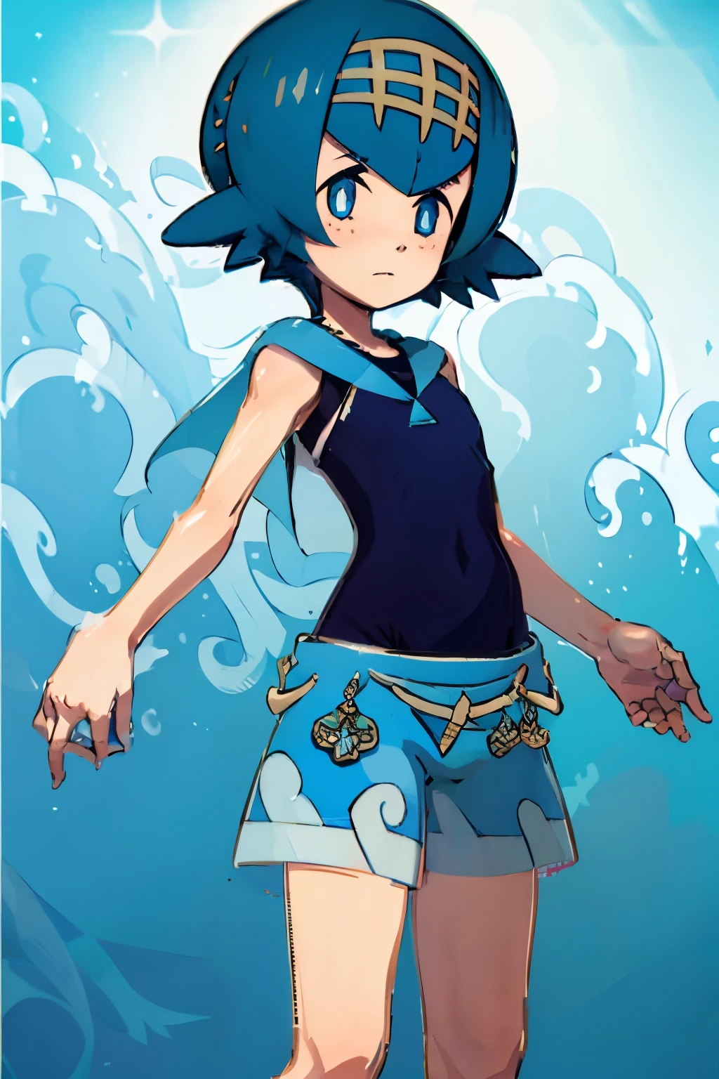 in the image 、young girl with short blue hair, bob cut, match her outfit, she wears blue clothes similar to a swimsuit, x} has a slightly shy or contemplative expression. Her big, her expressive eyes have deep blue hues,