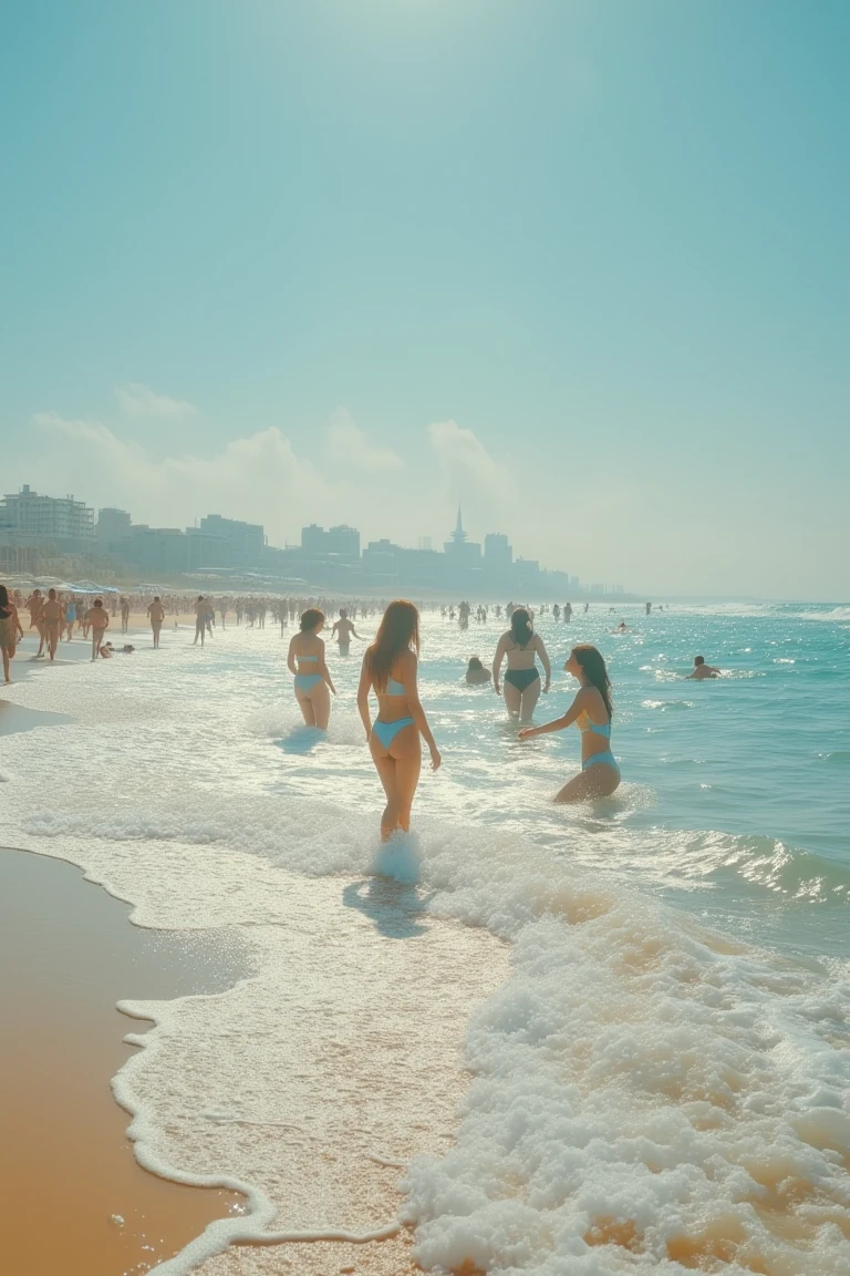 1girl, 10people, crowd around Tall drunk naked pretty lebanese jennifer connelly, lebanese look and face, tanned, tan marks, 31 years old, lebanese look, horny look, tall, wet hair, big , visible pussy , cameltoe, wearing transparent bikini, hard nipples, wet pussy, in saint tropz, people watching her, in the saint tropez beach, crowd