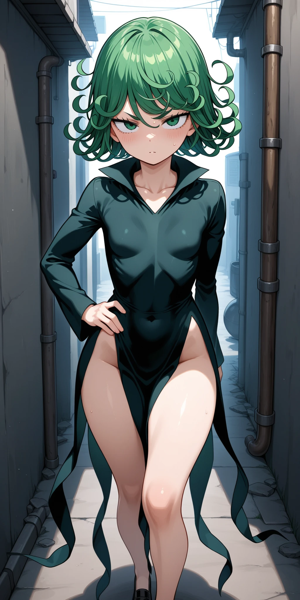 best quality, toph, completely nude, standing, full body, wide hips, crop top, green hoodie, open shirt, choker, anklets, bracelets, choker, barefoot, looking angry, smile