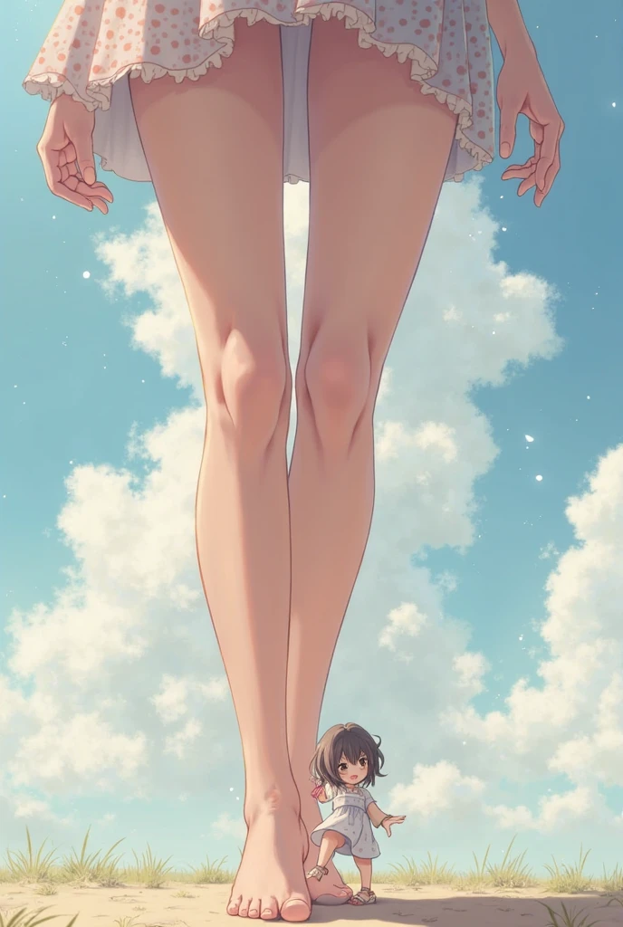 (A long shot) of an anime girl, (standing on grass), cinematic light, slim body, skin is perfectly white, soft, and smooth, Extremely delicate and beautiful CG illustration, best quality, high resolution, dynamic angle, full-length lens, (1 girl), floating, soft light, high-key lighting), glowing light, purple light, (((totally nake (small hands), (blue sky), (visible feet)