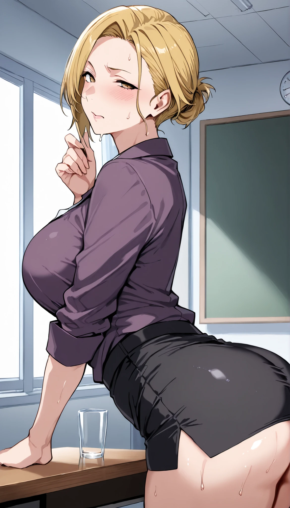 masterpiece, best quality, extremely detail 8k cg, high resolution, 1girl, hitch dreyse, blonde hair, emerald eyes, thin body, huge breasts, bubble butt, focus on butt, bra, high leg panties, beautiful face, medium full shot, from behind 