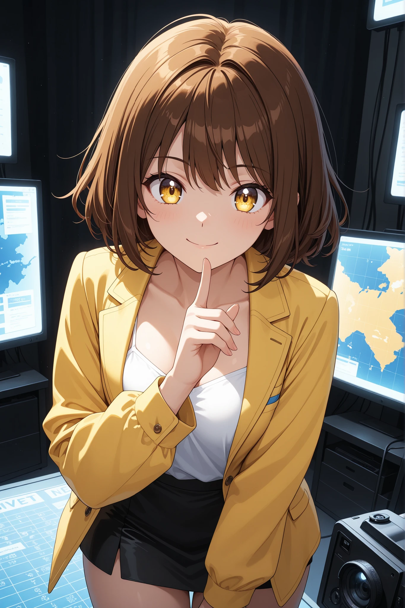 masterpiece, BREAK 1girl, 20 years old, beautiful detailed anime face, radiant golden eyes, BREAK curly brown hair elegantly styled, wearing a professional yet stylish outfit: a bright jacket over a camisole revealing cleavage, and a chic mini skirt, BREAK presenting the weather forecast with a smile in a TV studio, pointing to a large screen displaying weather maps, studio lights and cameras visible, BREAK bright and clear lighting, engaging and friendly demeanor, high-quality anime art style, news broadcast scene.

