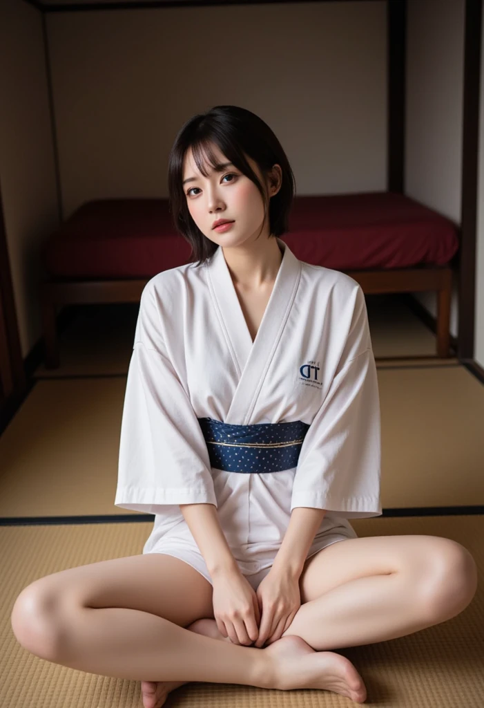 masterpiece, best quality, illustration, Super detailed, fine details, High resolution, 8K,wall paper, perfect dynamic composition,(Details High quality, realistic depiction of eyes:1.3), oversized judo uniform white, sitting, open legs, short bob hair, in a hotel room in the background, large breasts, black hair color, Big Natural Color Lip, (perfect body shape), crying a little、Harajuku style、20 year old girl、cute type、beautiful legs, Gravure Idol