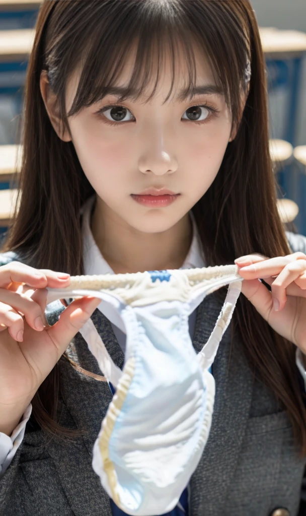 (1 girl:1.0),15 years old,(small brests:1.2),(skinny:1.2),high school student,beautiful girl,(short ponytails:1.2),akb48,nogizaka46, beautiful girl,school girl,sitting chair,(cowboyshot:1.0),fullbody,Navy blazer, red ribbon, white blouse, navy pleated skirt,front face,(front view:1.0),looking at viewer,office,(full-face blush:1.5),(smile:1.2),(presenting panties:1.5),(holding panties:1.5),white panties,(facial:1.5),(cum on face:1.5),
