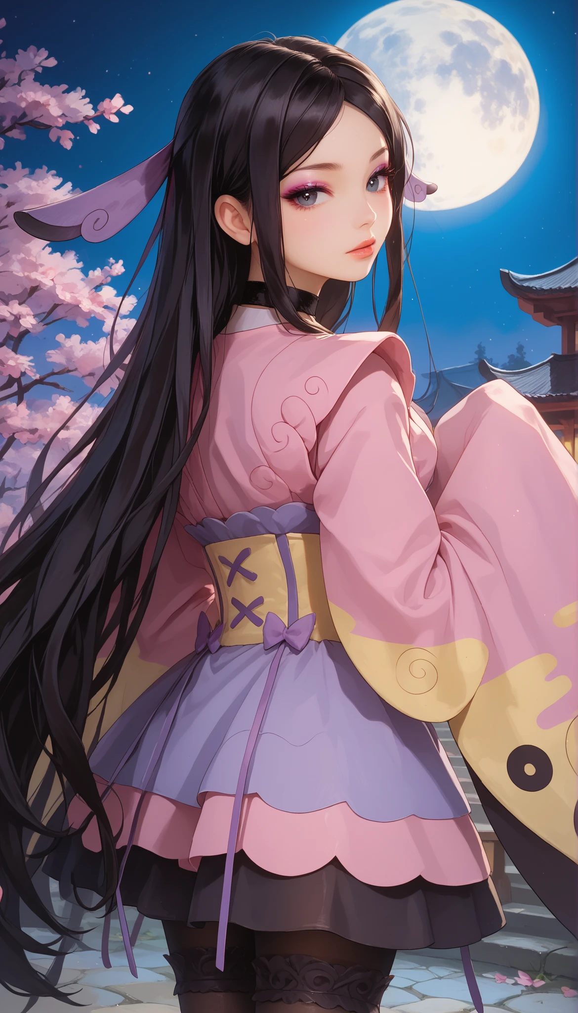 zzValerie, long hair, black hair, big black eyes, highly detailed face, glossy detailed lips, parted bangs, eyeshadow, hair ornament, black pantyhose, choker, dress, furisode, highly detailed clothing, japanese clothes, kimono, long flowing sleeves that completely cover hands and fingers, sleeves draping naturally to obscure hands, stood, dynamic angle, view from behind (looking back at viewer), dynamic background, traditional Japanese garden, sparking starlight, night time, moon light, misty full moon, stunning 8k quality, masterpiece, vivid colors
