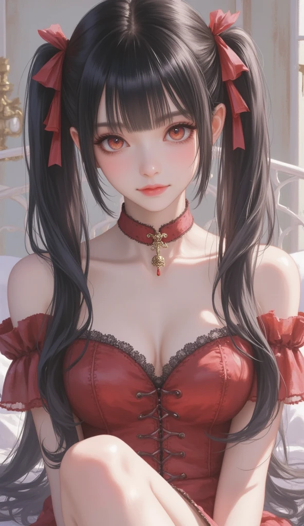 Front view，Detailed facial details，16 years old，1 girl，Red lips，Cat ear，Black long hair，Wearing a white maid bikini，Maid headdress，Large Breasts，Slim，Collar，Radiant Skin，palace，Traditional medieval architecture，garden