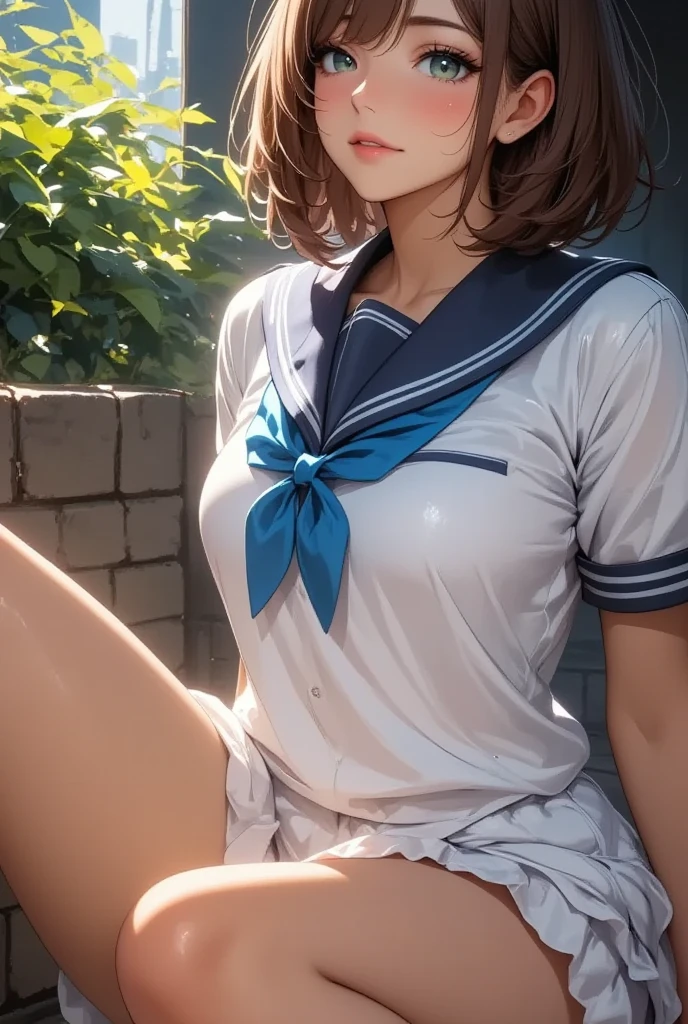 masterpiece, best quality,high resolution、realistic、Detailed、((extremely delicate and beautiful fabric):1.3)、 8k、large boob、 1girl, solo, skirt, jacket, shirt, blue eyes, white blouse, necktie, green necktie, black hair, pleated skirt, socks, diagonal-striped necktie, open jacket, open clothes, striped necktie, collared shirt, black jacket, black skirt, striped, blazer, short hair, long sleeves, bangs, , black socks, diagonal stripes, hairband, hair ribbon, ribbon, blue hairband, dress shirt, bow, cowboy shot, smile,cleavage、bedroom、(side tie white panties:1.5)、(setting with Knees Up, spread legs:1.5)、arms up、nsfw