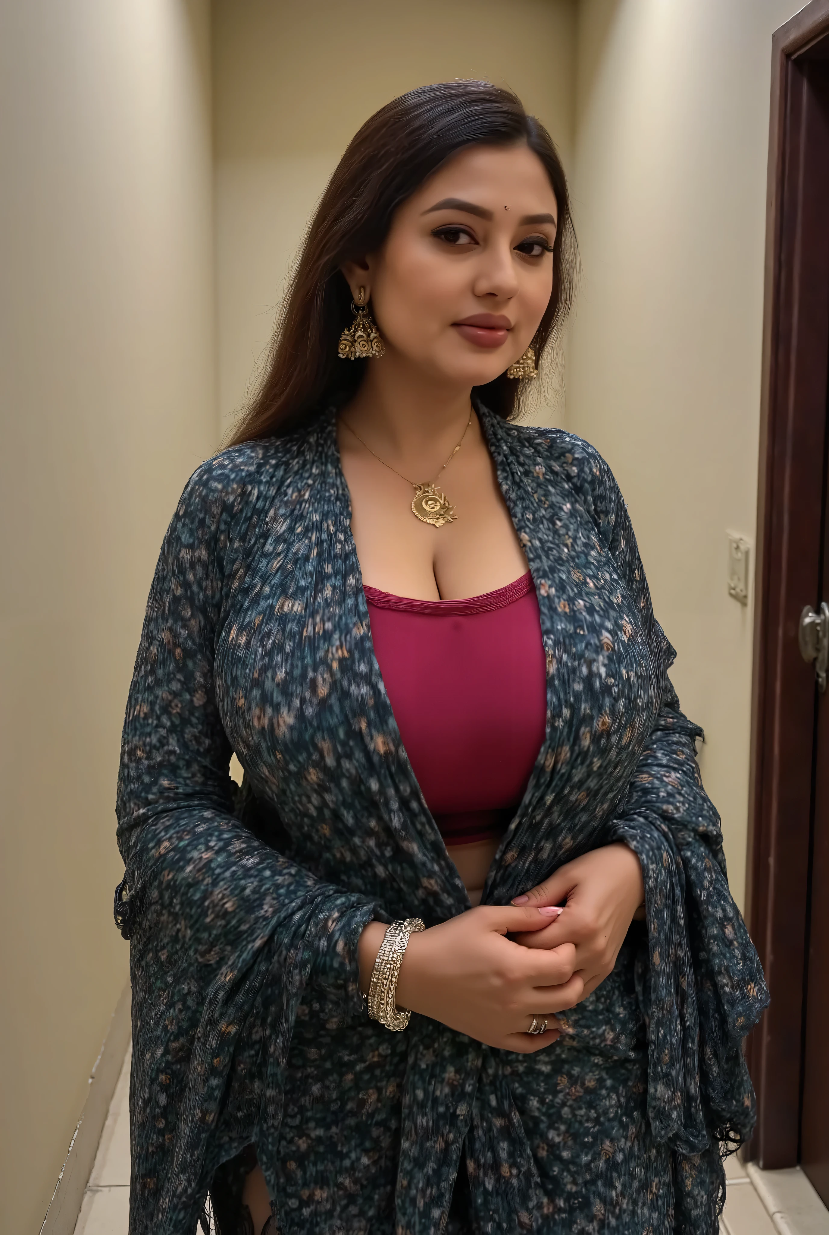 Tall old mature light brown oily skin indian woman with fat thick curvy mom fat body physique, woman with black long pulled back down tied hair, woman looking at camera, front mid-range view, brown woman looking at camera, woman wearing georgette saree(big breast), in a indian office cabin room corridor, woman standing with a sexy pose, woman with gold jimkki earrings and forearm covered with bangels in both hands
