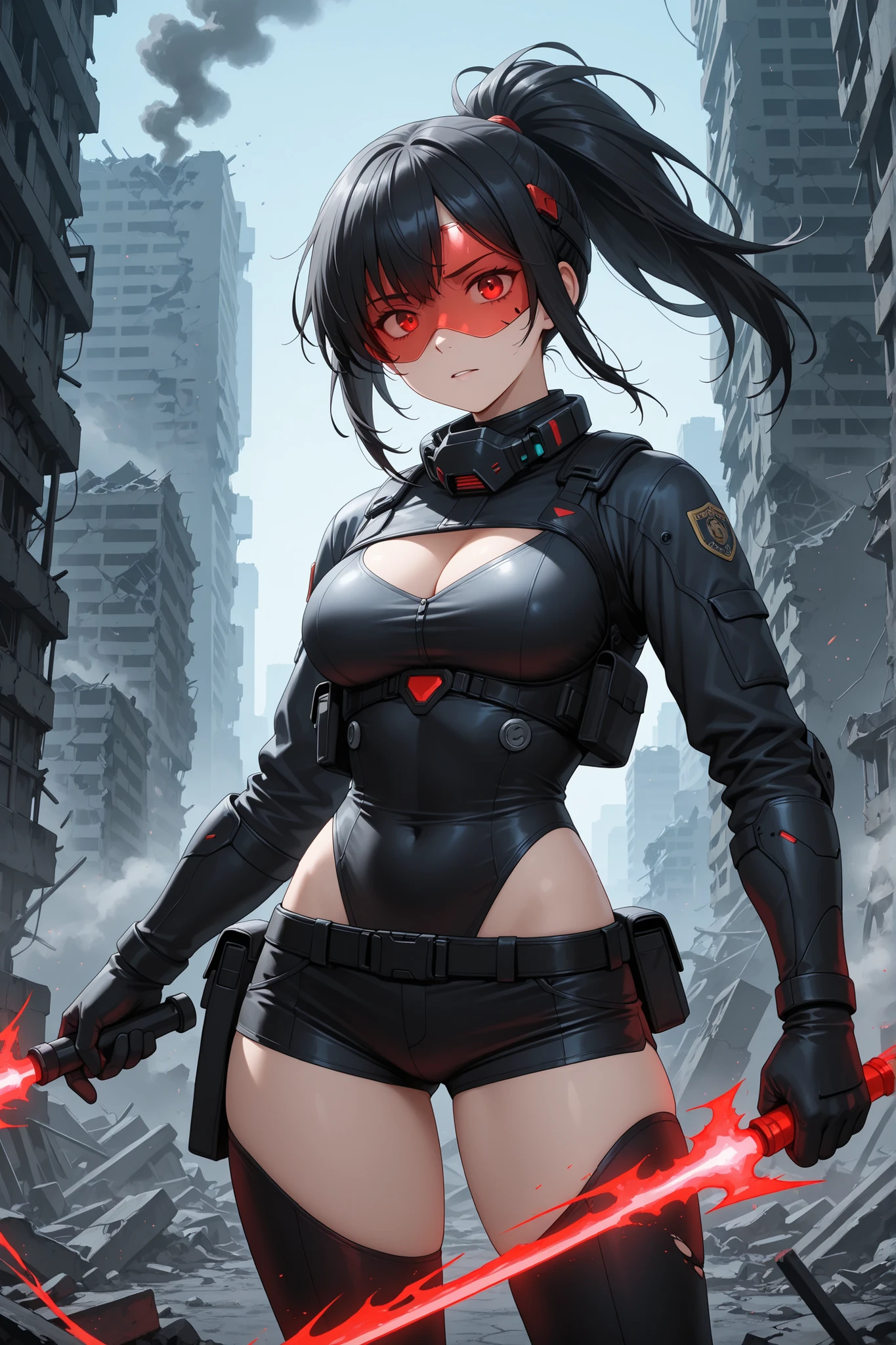masterpiece, BREAK 1girl, 20 years old, beautiful detailed anime face, sharp red eyes, BREAK black hair in a tactical ponytail, wearing a futuristic police combat suit: a protective vest over a form-fitting undersuit revealing cleavage, reinforced short shorts, and cybernetic goggles, BREAK cautiously patrolling a war-torn, desolate future city, holding an energy weapon, ruins and smoke in the background, BREAK gritty and dystopian atmosphere, advanced weaponry, high-quality anime art style, cyberpunk action scene.
