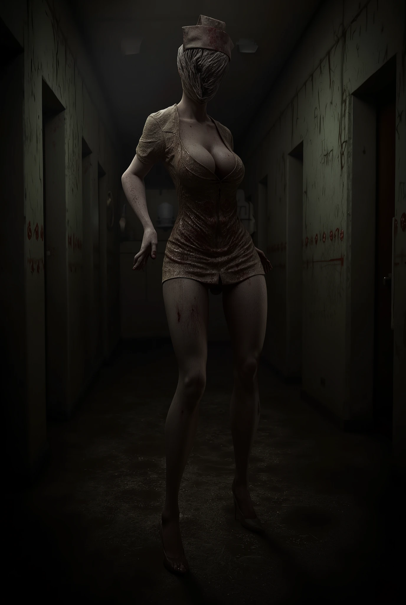 Silent Hill, nurse, big breasts, perfect breasts, perfect body, blood, darkness, dilapidated, Hospital hall background, sexy, seductive, high detail, masterpiece.