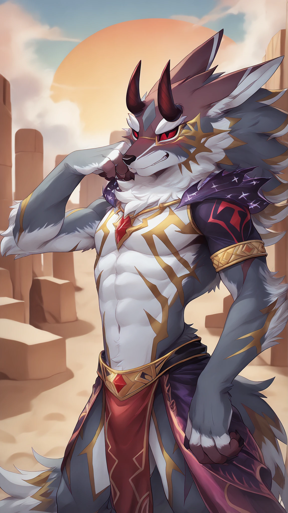 Seth (tas), muscular, abs, navel, nipples, green eyes, thin waist, claws, large bulge at the bottom, (clothing: white-yellow-blue loincloth),