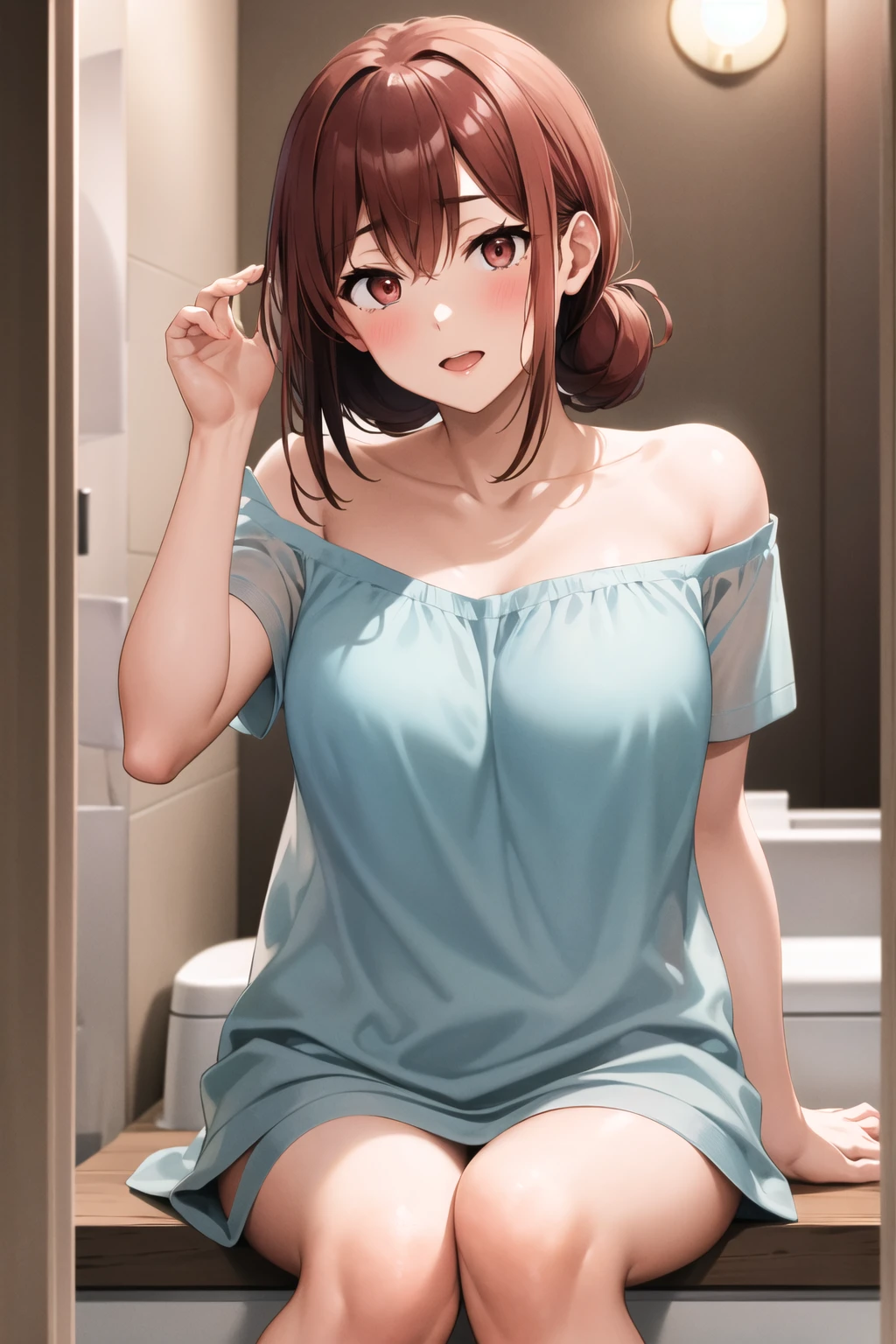 masterpiece, absurdres, best quality, ultra detailed, high Resolution, detailed illustration, bright colour, (extremely beautiful detailed face and eyes, Delicate beautiful face, 1 girl, cute face:1.3), (magenta eyes:1.1), sparkling eyes, big eyes, medium breasts, (perky breasts:1.1), (pointy breasts:1.1), medium hips, glamorous body, white skin, BREAK, long bob cut, (blonde hair:0.8), messy hair, detailed hair, shiny hair, BREAK (undressed, long-casual-dress, ecstasy:1.5), (toilet, Sit on the toilet, Pull pants down to knees:1.3), perfect lighting, (embarrassed:1.5), (vulgarity:1.5), (trembling:0.8),