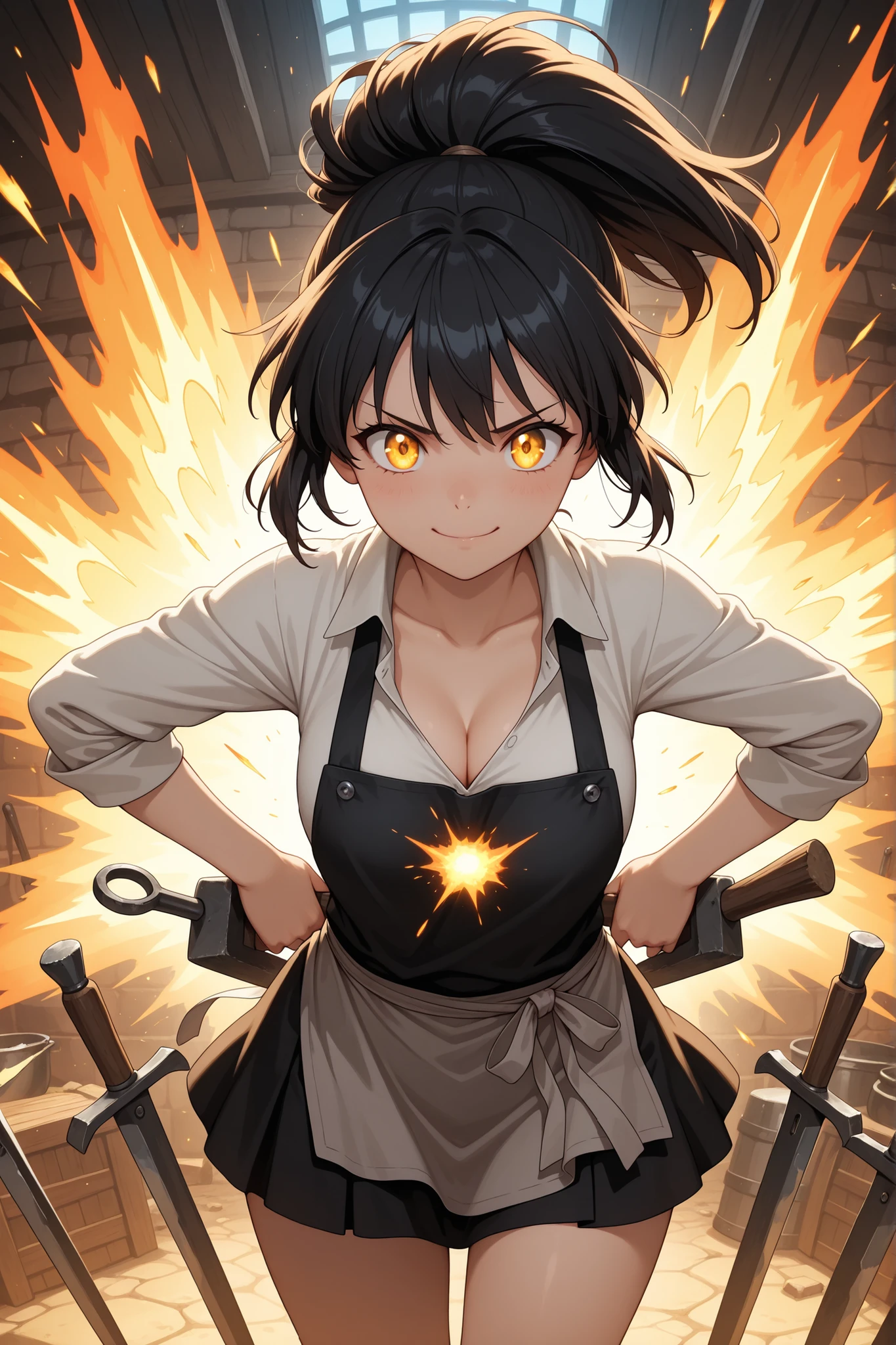 masterpiece, BREAK 1girl, 20 years old, beautiful detailed anime face, bright golden eyes, BREAK black hair in a high ponytail, smudged with soot, wearing a blacksmith's apprentice outfit: a sturdy apron over a shirt with an open collar showing cleavage, and a durable mini skirt, BREAK skillfully hammering a glowing piece of metal on an anvil in a bustling forge, sparks flying, a cheerful and hardworking expression, BREAK fiery and energetic atmosphere, tools and weapons displayed in the background, high-quality anime art style, fantasy blacksmith scene.