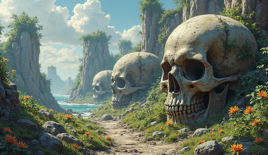 a tropical island, a gigantic human skull shaped cave, strange trees and animals, fog, (best quality,4k,8k,highres,masterpiece:1.2),ultra-detailed,(realistic,photorealistic,photo-realistic:1.37),detailed rock formations,lush vegetation,mysterious atmosphere,dramatic lighting,dramatic landscape,cinematic composition,moody colors,dark fantasy,surreal,epic scale