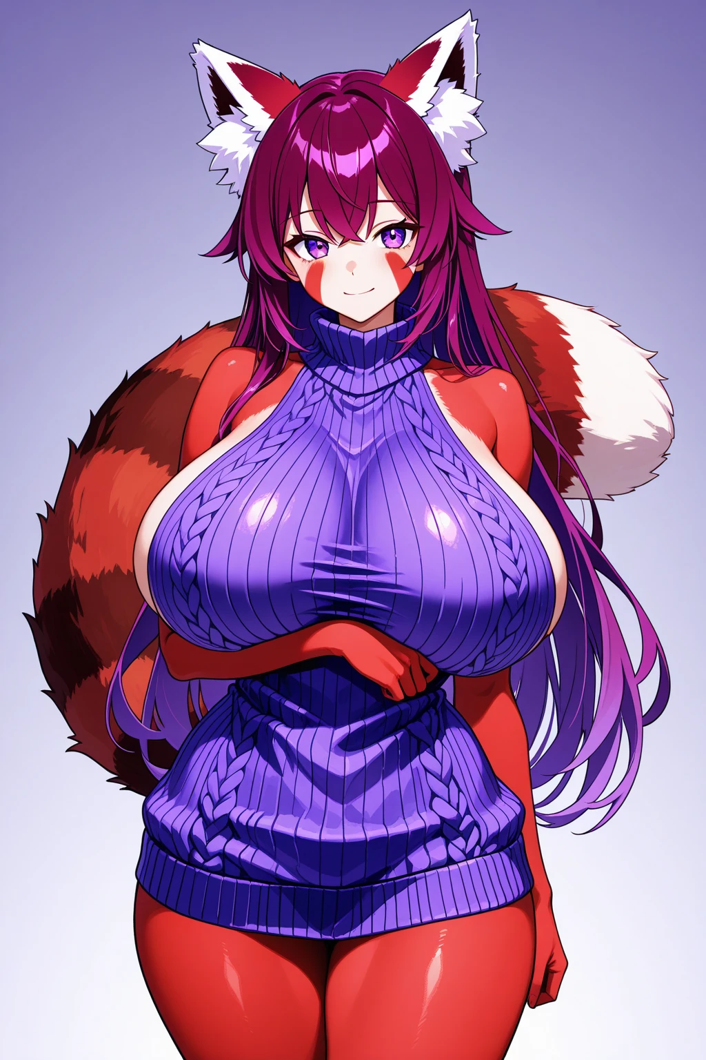 furry, purple fur, milf, ultra cute face, red elements on fur, huge fur, Long hair/fur, glowing shrt, Red top, shorts  busty, beautiful lights and shadows, ambient light, ultra detailed fur, volumetric light