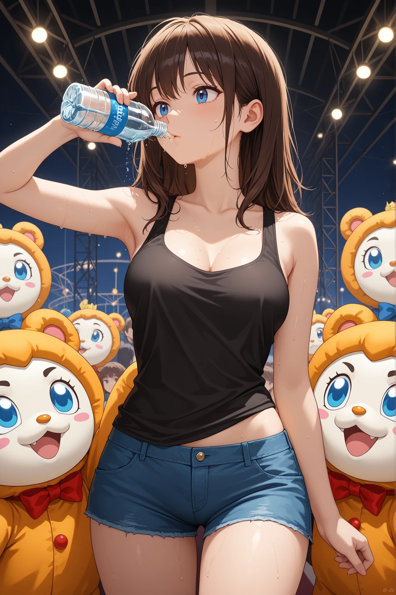 masterpiece, BREAK 1girl, 20 years old, beautiful detailed anime face, tired but content blue eyes, BREAK long brown hair, slightly disheveled and damp with sweat, wearing the lower part of an amusement park mascot costume (short pants style) with the oversized mascot head resting beside her, her undershirt a tank top revealing cleavage, BREAK taking a break in a theme park's backstage area, drinking water from a bottle, surrounded by props and costume parts, BREAK realistic depiction of behind-the-scenes work, endearing and relatable, high-quality anime art style.