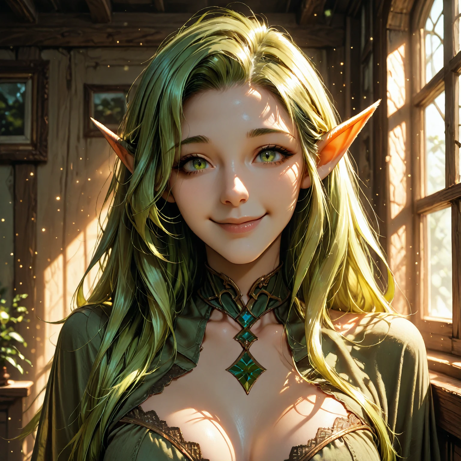elf, cute green, red eyes, with funny smile, delicate face and cute outfit, with pointy hat realistic