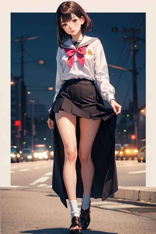 There was a Korean girl wearing a high  standing on the school steps