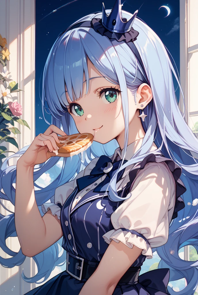 masterpiece, best quality, extremely detailed, (illustration, official art:1.1), 1 girl ,(((( light blue long hair)))), ,(((( light blue long hair)))),light blue hair , , long hair ((blush)) , cute face, big eyes, masterpiece, best quality,(((((a very delicate and beautiful girl))))),Amazing,beautiful detailed eyes,blunt bangs(((( little delicate girl)))),tareme(true beautiful:1.2), sense of depth,dynamic angle,,,, affectionate smile, (true beautiful:1.2),,(tiny 1girl model:1.2),)(flat chest) ,masterpiece, absurdres, best quality, ultra detailed, high Resolution, detailed illustration, extremely beautiful detailed face and eyes, bright colour, 1girl, (loli), cute face, Delicate beautiful face, magenta eyes, cute eyes, sparkling eyes, big eyes,smile, BREAK,BREAK off shoulder sweater, long skirt, tiny ribbon, restaurant, eating Nut tart, almond, real world, natural lights, perfect lighting,