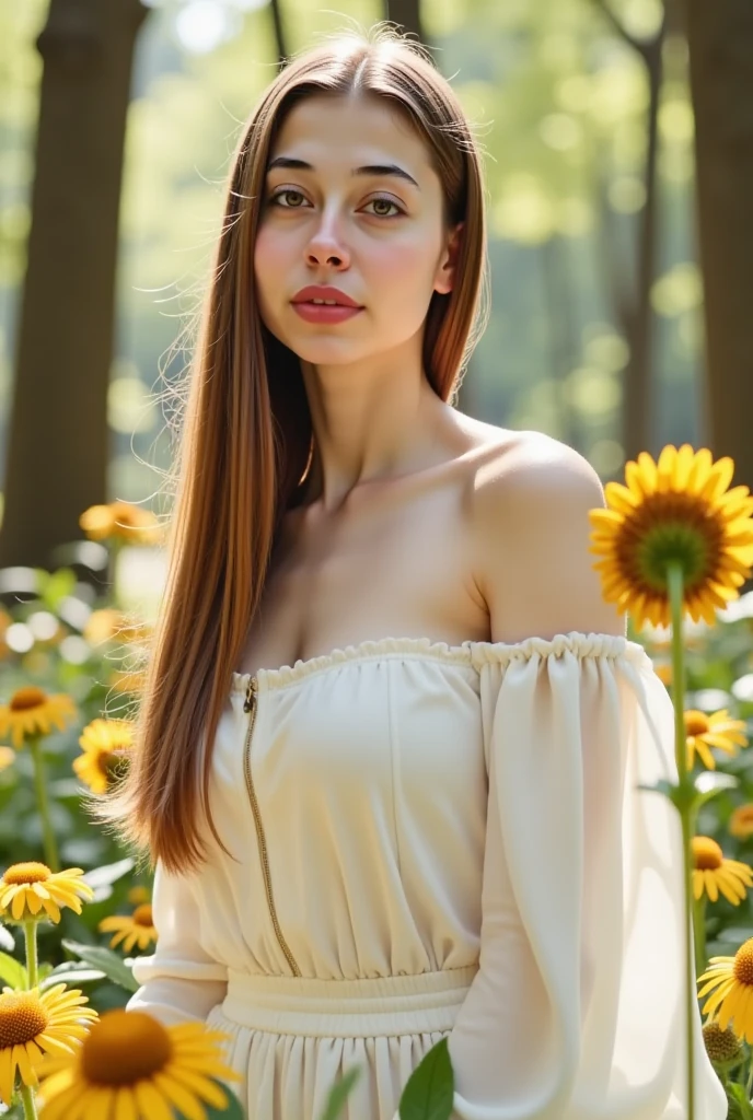 Three 12-year-old high school girls, very long hair like Rapunzel, flower crown on head,princess face,innocent,tender, small face, small nose, small lips, expressive eyes,thin eyebrows,totally naked without clothes ,erect nipples,big breasts, thin waist, long and shapely legs, whole body,barefoot, foot ankle bracelet,sunflower field,in the background a wooden cabin, blue sky,ultra high definition, realist, vivid colors, muy detailed, UHD drawing, Pen and ink, perfect composition, beautiful, detailed, intricate, increíblemente detailed, octane rendering, trend on Artstation, 8k art photography, photorealist concept art, Soft natural volumetric cinematic perfect light