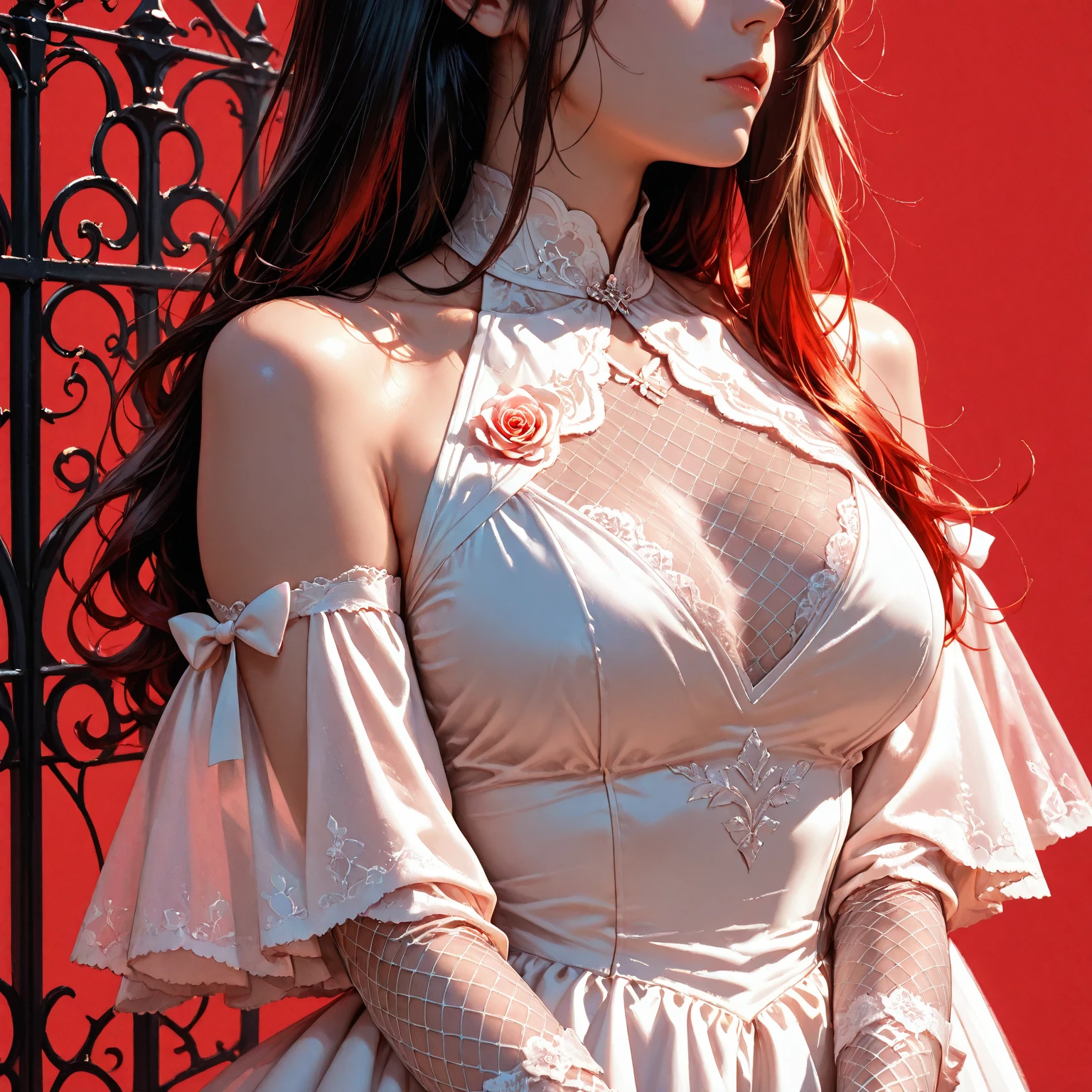 quality\((ultra high resolution)), ((An improvement of the most absurd quality:1.2)), ((photorealistic Realism 16K Quality)), vivid colors, (vivid colors, multicolor ((white, orange, ((ultraviolet)), black)) in her outfit:1.32), (ultra-fine digital art\), ((Realistic eyes clear, sharp, absurd quality, not blurry brown_eyes:1.3)), (super detailed professional makeup on eyes:1.3), (highest quality texture skin), (Highly quality texture hair), (curly hair, ((slicked to the two side)), intricately details:1.3), (perfect proportions), (narrow waist), medium ass,beautiful cheekbones,slim belly:1.2,(slim-muscled body:1.22), (firm and full breasts), ((super details beautiful face)), (pink_makeup:1.3), blue_eyelashes, (glossy red_lipstick:1.21), (perfect dark_eyeshadows:1.45), (super detailed professional makeup on eyes:1.2)., BREAK, (microscopic street outfit:1.22), (minimalist provocative styling outfit:1.25), ((highly elaborate extravagant microscopic street outfit:1.2), (minimalist provocative styling:1.26))\ White Dress (silk tight Dolce&Gabbana. Floral dress:1.2), elegant fashion intricately detailed:1.31), floral couture, (clothes made of silk and printed flower), (Wearing tight fitting dresses)), (black latex:1.28), ((latex bodysuit lace)), ((Intricate detailed multi-layer Dress lace with red flower fishnet:1.1)), ((white lace:1.33\)), BREAK, background\(((city night:1.3), (neon sign), (night)):1.2). Cinematic Light, (octane rendering, ray tracing), (((photo from head to knee:1.37))), (Proportions are based on a 7.5 head scale).