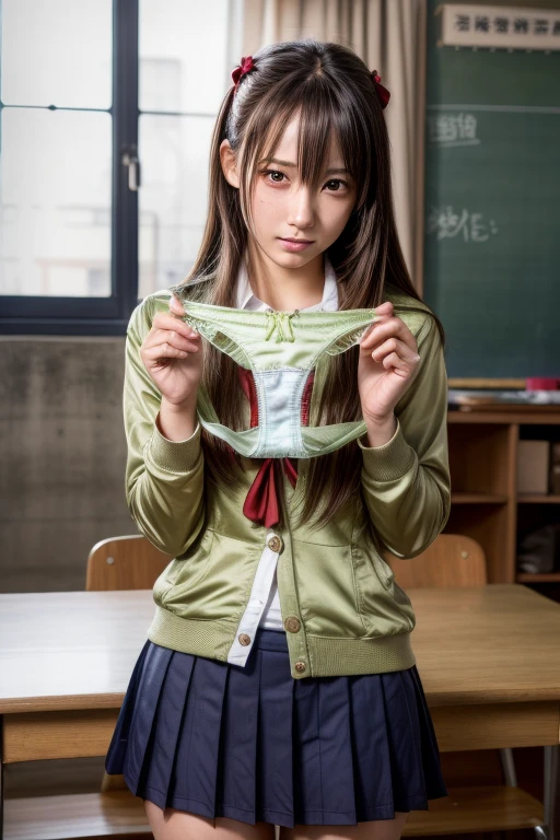 (absurdres:1.3),8K,(detailed photograph:1.5),(detailed face and skin:1.3),(ultra high res:1.5),(photorealistic:1.5),symmetric clear eyes,well-groomed face,(ray tracing:1.3) ,1girl, Japanese,high school girl, BREAK (wearing Japanese high school uniform:1.3),(navy high school uniform:1.3), BREAK (presenting panties), BREAK (detailed white cotton panties:1.1), BREAK masterpiece, best quality, highly detailed,classroom,Black short straight hair,focus panty,cinematic lighting,(blushing:1.3),(Stain on panties:1.4),