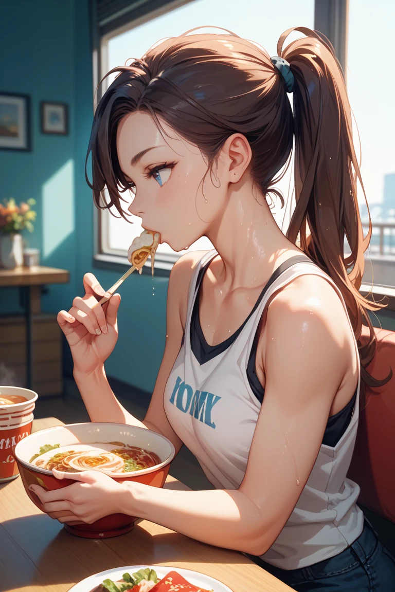 Highly detailed, High Quality, Masterpiece, beautiful, wii fit trainer, colored skin, white skin, ponytail, crop top, capri pants, midriff, <lora:Char_Meme_WiiFitFemale:1>, food, simple background, elbows on table, cup, blurry background, indoors, upper body, <lora:Pos_AcrossTable:1>, chicken \(food\), fried chicken, angry, anger vein, pointing, pointing at viewer, 